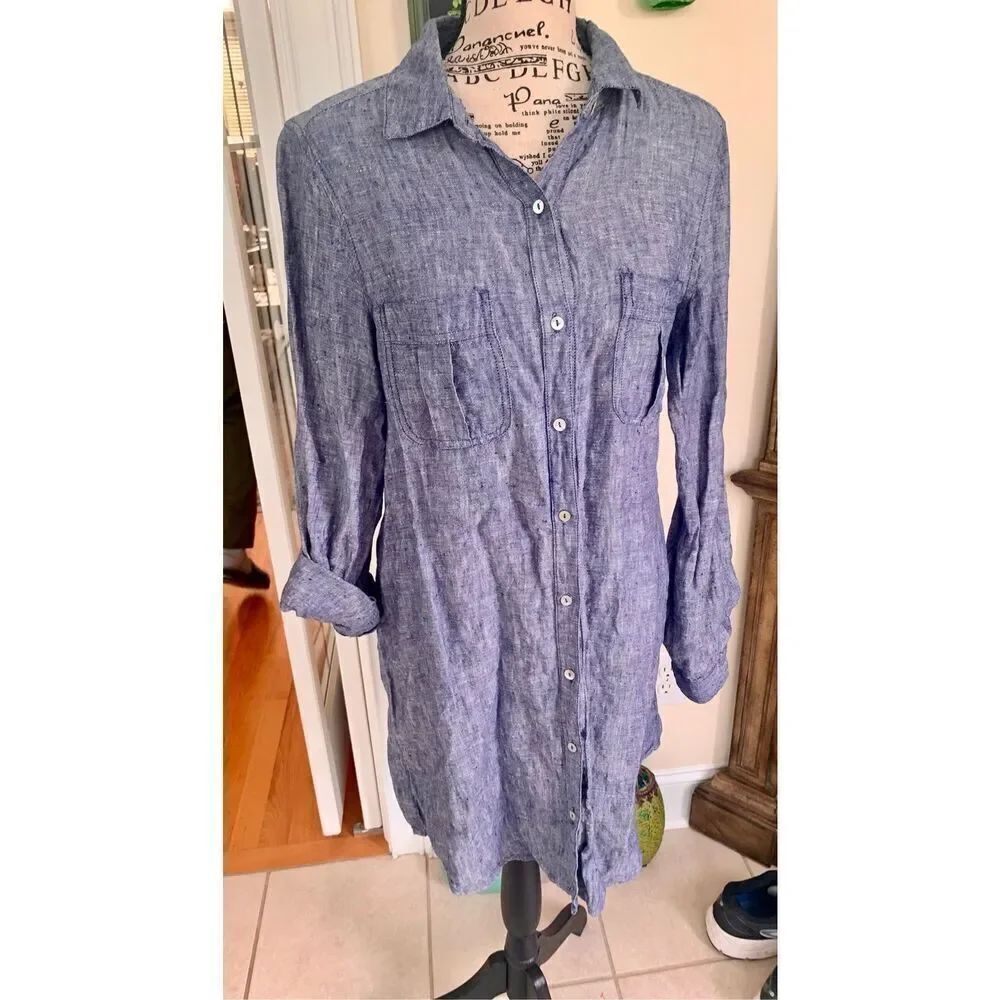 Kenar Button Up Dress Linen Blue